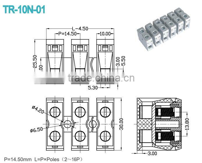 PCB Through Panel Terminal Connectors With 45 Degree Wire Inlet 14.50mm 600V 65A