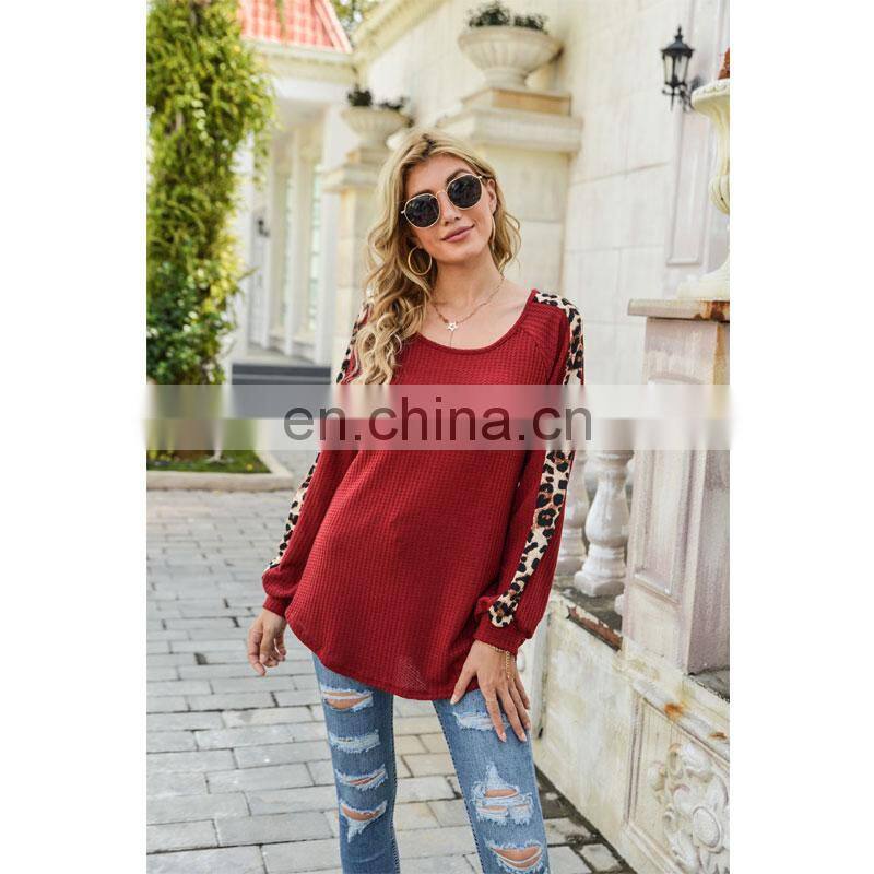 Custom logo spring and autumn women's Amazon autumn and winter new long-sleeved waffle leopard print stitching T-shirt