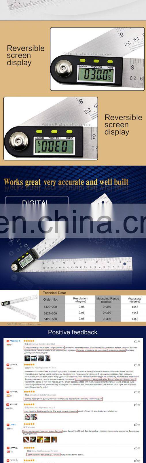 SHAHE Portable 200 mm Stainless Steel Angle Ruler Electron Goniometer Protractor Angle finder Digital Angle Gauge