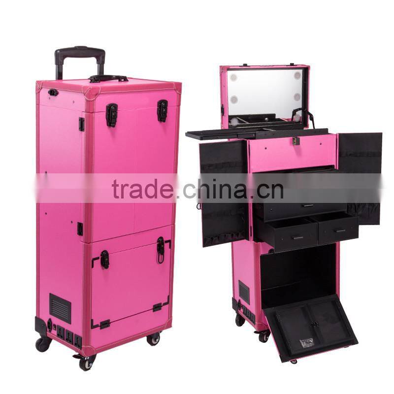 2016 DreamBaku hot sale pink multifunctional professional pvc trolley rolling makeup case with led lights
