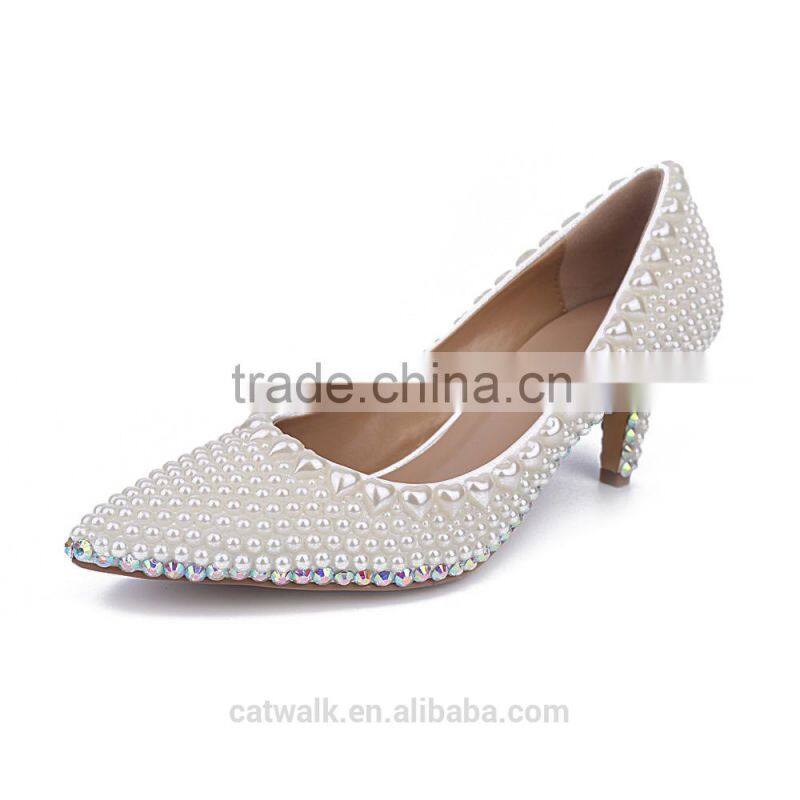 CATWALK15-S0190273 Fashion women luxurious dress shoes handmade peal low heel shoes beautiful women bridal shoes
