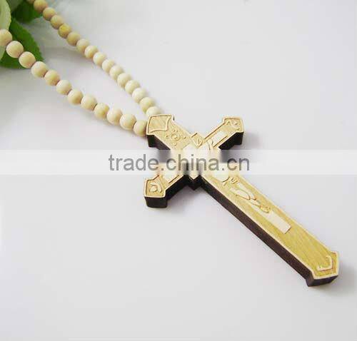 Wooden Cross Pendant with a 36 Inch Wood Beaded Necklace Chain