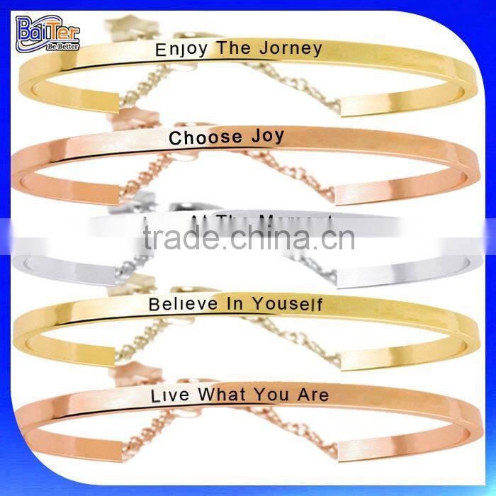 Custom Cheap Stainless Steel Hand Stamped Letter Cuff Bracelet With An Black Uplifting Message