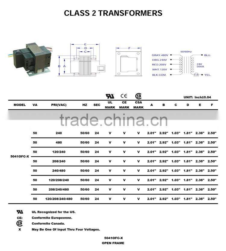 Class 2 UL CUL CSA CE 5VA 10VA 15VA 20VA 30VA 50VA 40VA 60VA transformer For HVAC