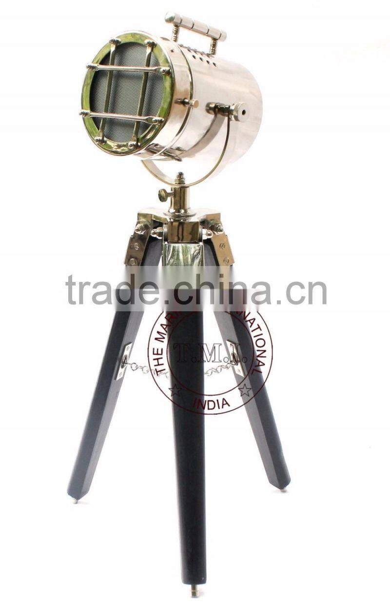 NAUTICAL SPOTLIGHT LAMP ON STAND - NICKEL PLATED SEARCHLIGHT ON WOODEN BLACK TRIPOD STAND