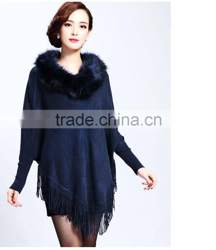 2015 Europe and United States new upmarket collars printing long tassels knitting cape coat female