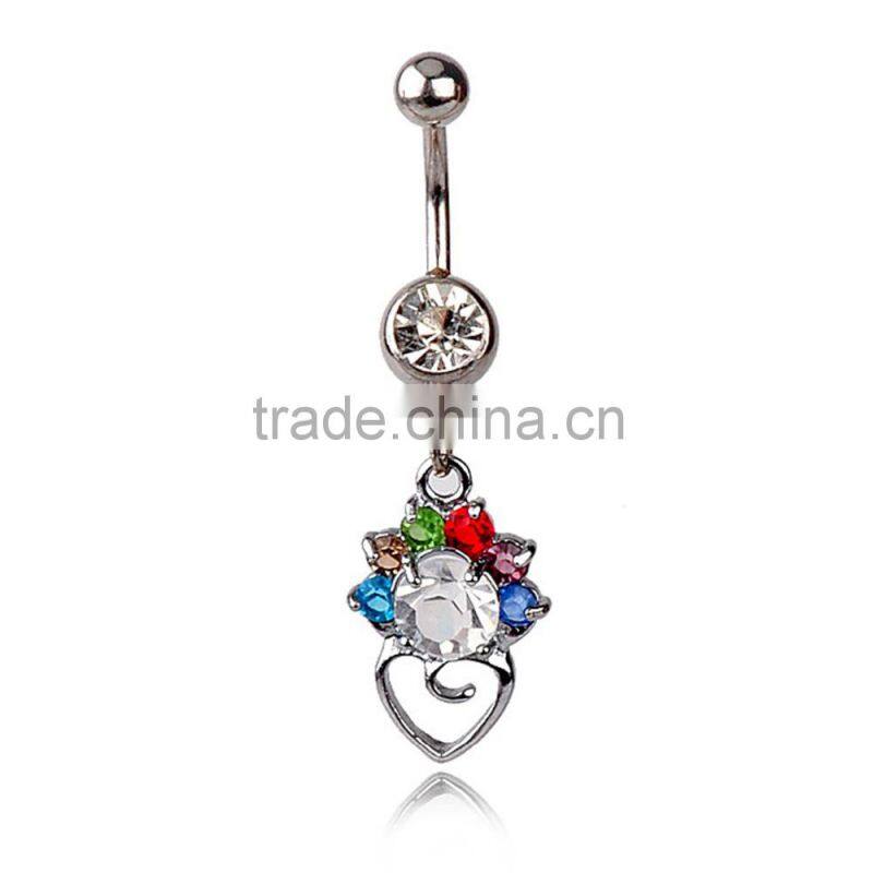 Top Big Zircon With Color Gems Inlay Heart Dangle Belly Button Naval Ring.