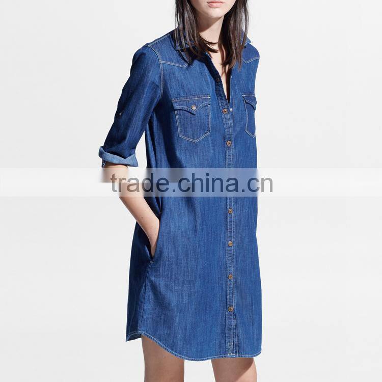 Young Ladies Style Roll Up Sleeve Open Front Denim Washed Ladies Jeans Top Design