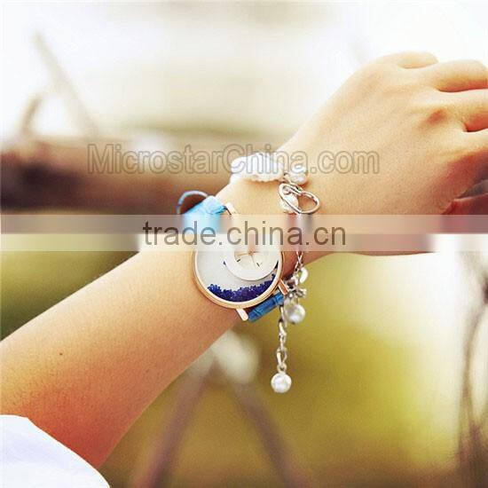 Elegant Women Quicksand Faux Leather Band Bracelet Round Dial Analog Wrist Watch