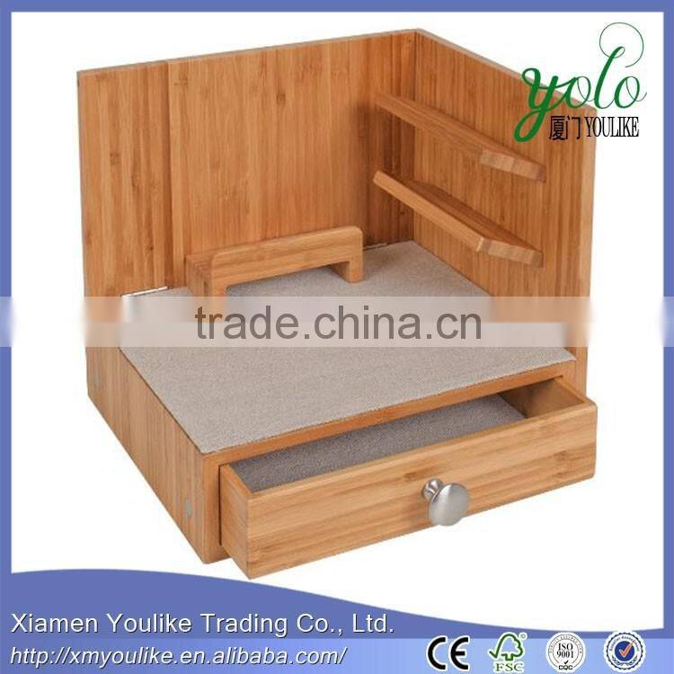 Corner Multi-Device Bamboo Charging and Sunglass Station with Drawer