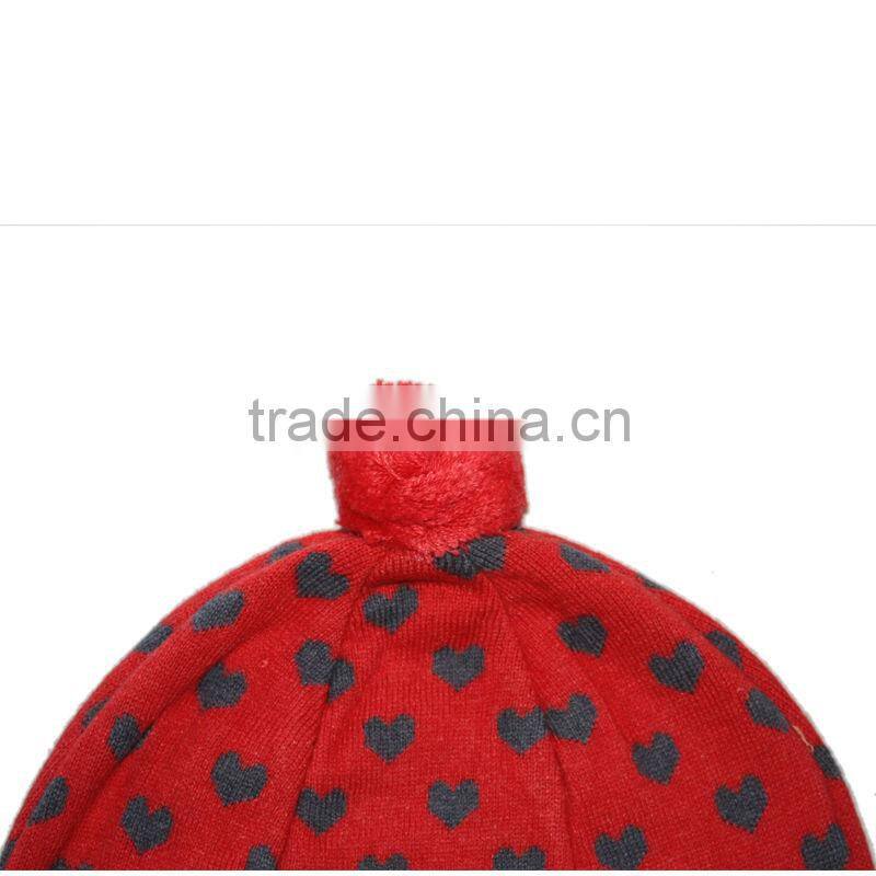 girls red and black heart pattern jacquard hat and cap with top ball and button