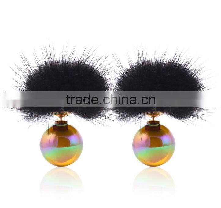 2016 top quality fashion fur women earings set brand acrylic round shaped double earings factory price