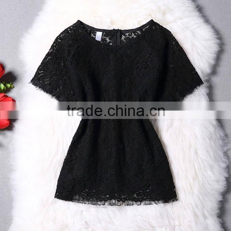 Wholesale 2016 Summer Women Black White Pink Tops Lining Lace Blouses Back Zipper Short Sleeve Slim Fashion Design Lady Blouse