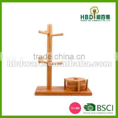 Classical Bamboo Wood mug tree with coaster set
