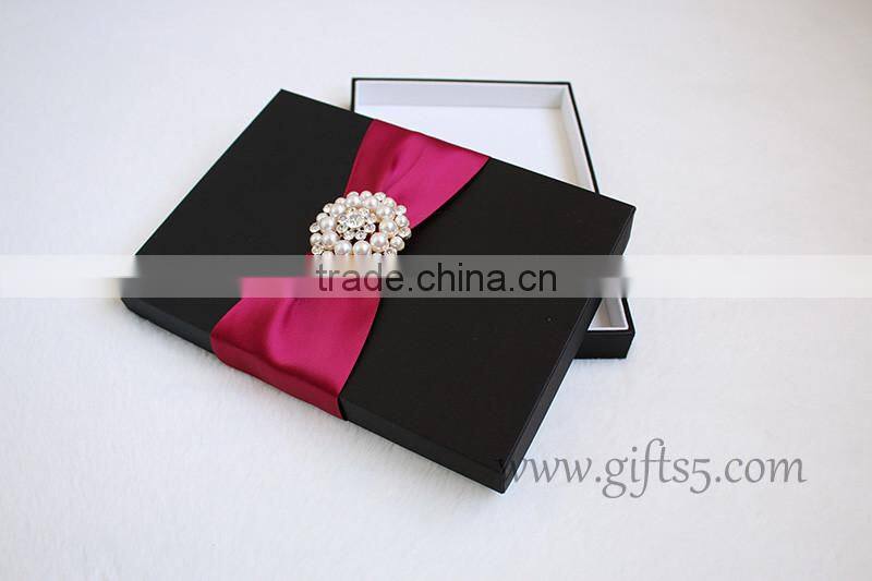 Black Color Silk Wedding Invitation Box With Crown Brooch Embellishment