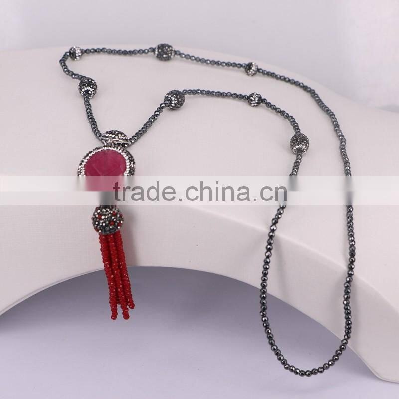 Strands Pave Crystal Beads Gem Stone Necklace, Crystal Glass Tassel Jewelry with Black Hematite Beaded Necklace