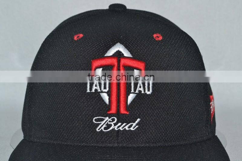Guangzhou hat factory professional custom 100% wicking performance polyester/black/embroidery logo/flat brim hat