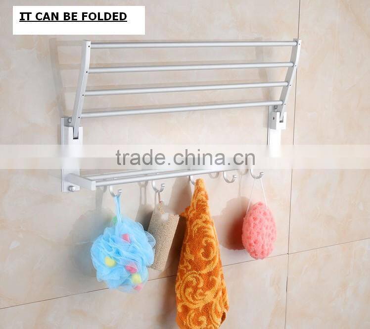 TOWEL RACK SHELF PREMIUM ALUMINUM SILVER FOLDED BATH WITH 5 HOOKS SHELF WASHCLOTH HOLDER