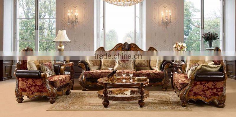 2017 Fancy Top Grain Genuine Leather Living Room Furniture Sofa Set/Spanish Style Hand Carved Living Room Sofa (MOQ=1 Set)