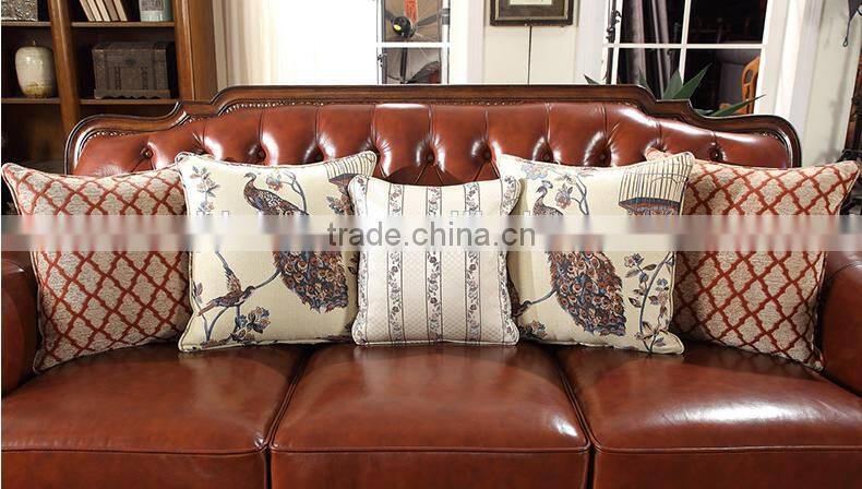 American classic concise solid wood hand carved living room furniture genuine leather 1+2+3 sofa set