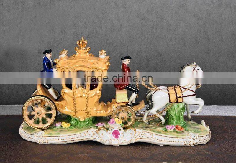 Porcelain hand painted four wheels royal horse-drawn cart figurine