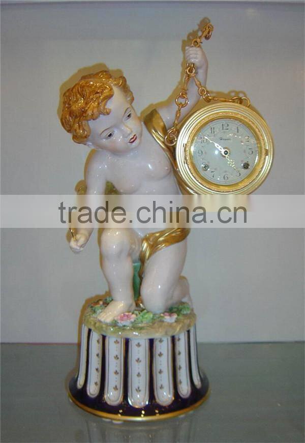 Vivid Churub Flower Ceramic Table Standing Clock, Luxury Design Hotel Decorated Desk Clock, Gold Plated Decorative Art