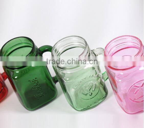Colorful glass mason jar with emboss logo and lid