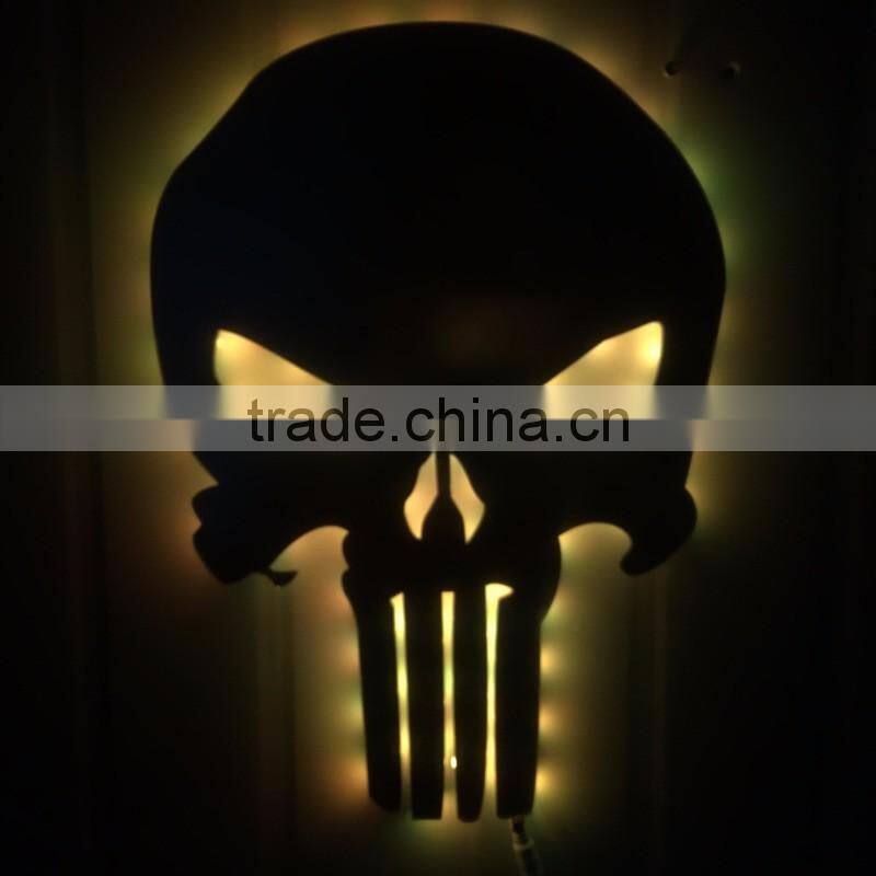 Creative Punisher Skeleton Shape Design Wall LED Light Mirror, Remote Control Colorful Decorative House Wall Mirror Light