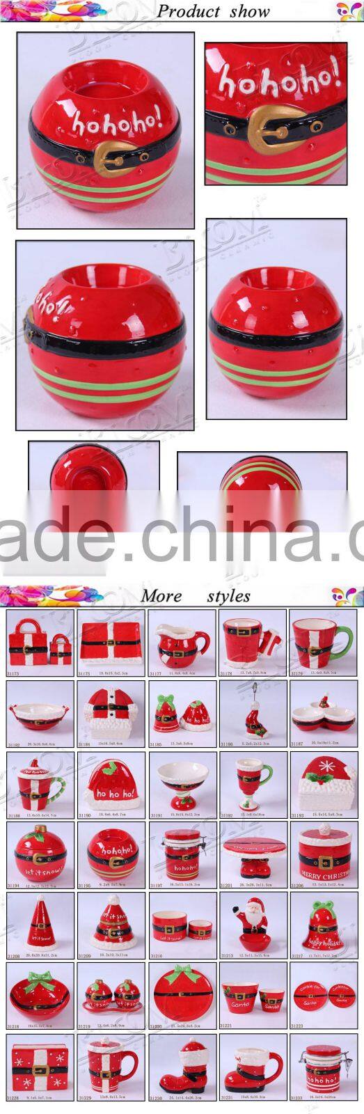 handmade ceramic red round christmas candle holder