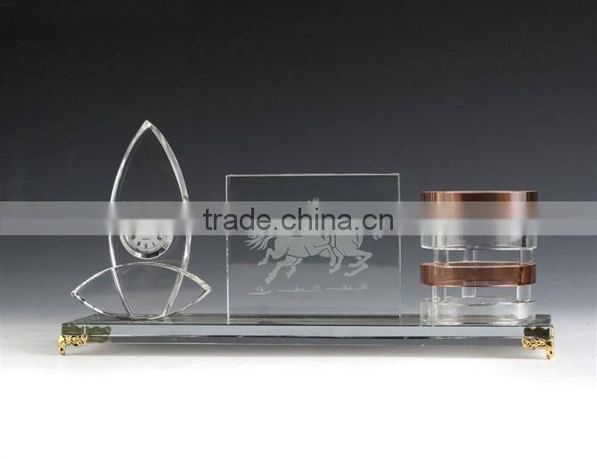 JINGYAGE K9 3D Laser Horse Office Table Set Crystal Pen Holder Set With Clock for Business Gift