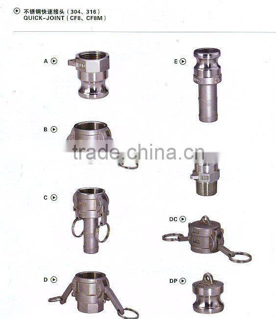 Stainless steel camlock quick coupling, China manufacturer, Parts A B C D E F DC DP, size from 1/2" to 6"