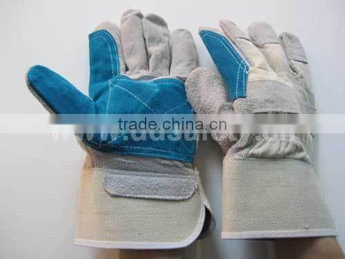 DDSAFETY Double Palm Leather Work Glove Reinforced Blue Leather Palm White Cotton Back