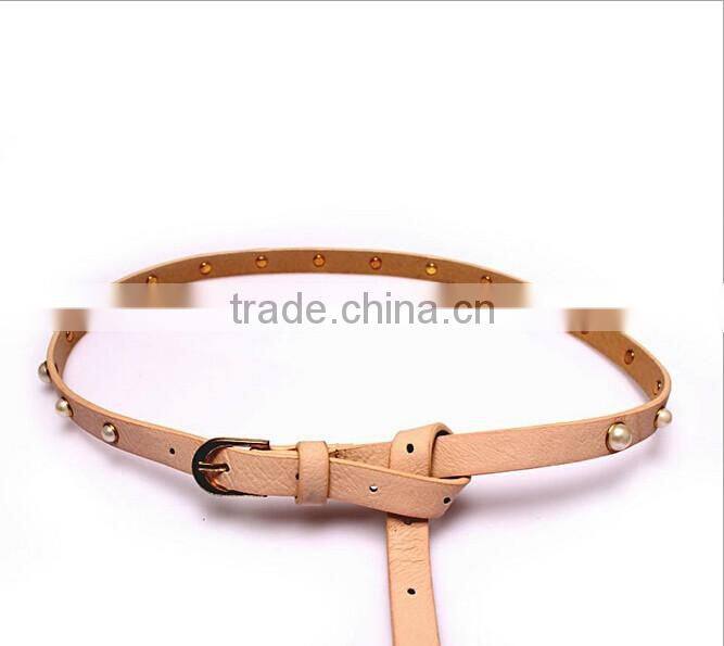 Fashion pearls decorated pin buckle sex girl thin PU waist belt