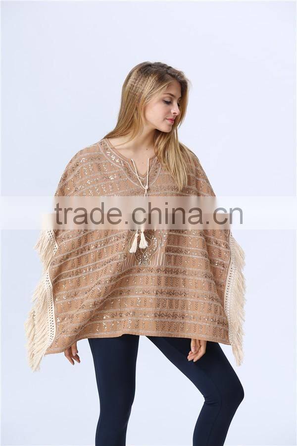 New Arrival Ladies Fashion Design Elegant Winter/Autumn Tan Colour Dolman/ Cape/Shawl Coat With Fringing and Beading for women