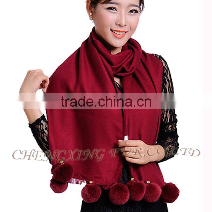 CX-B-P-42D Women Winter Genuine Mongolian Sheep Rabbit Fur Trim Pashmina Shawls With Fur