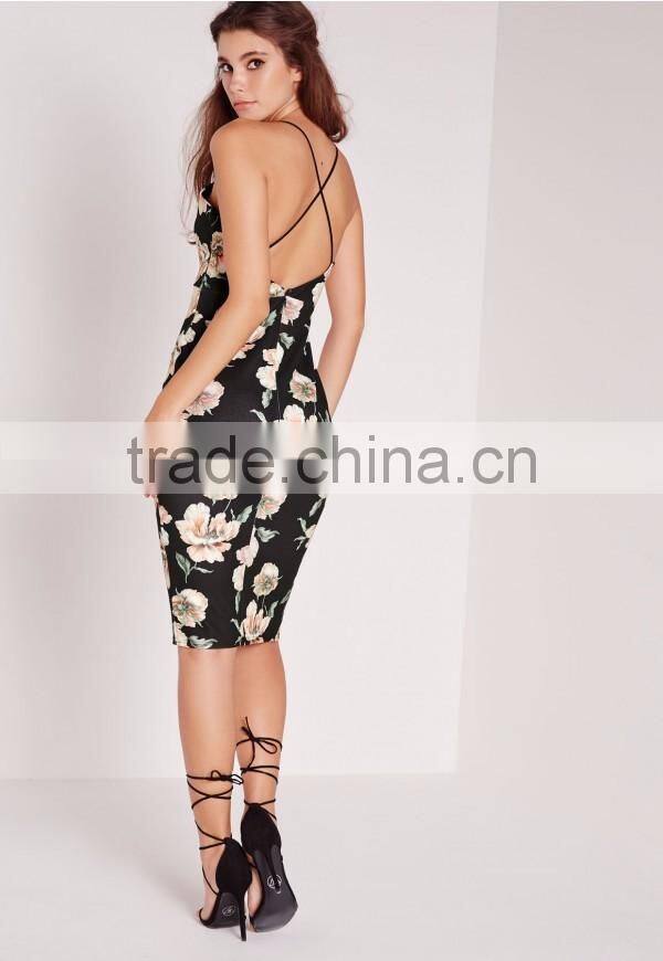 Global Fashion Floral Cross Back Midi Dress Multi Slinky Double Strap Split Dress Deep V Neck Evening Dress