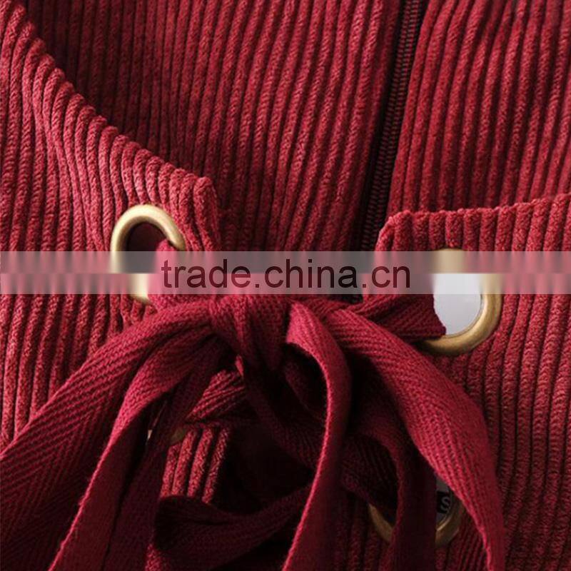 A-Line dark red lace up round collar sleeveless mini corduroy dress