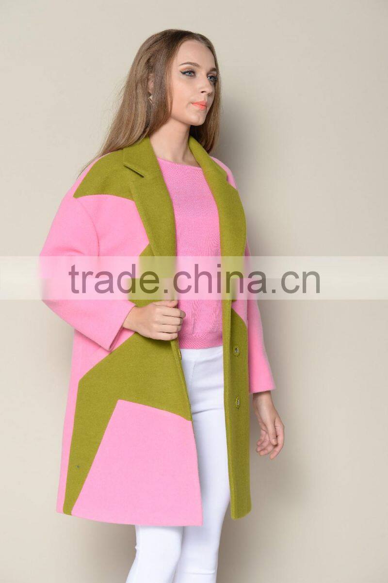 ODM designed fashionable wool warm branded contrasted colored young ladies long coats