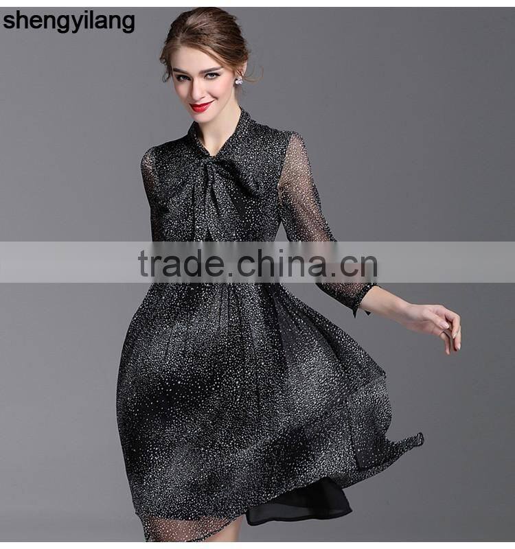 ladies floral printed literary traditional silk dress with knot neck