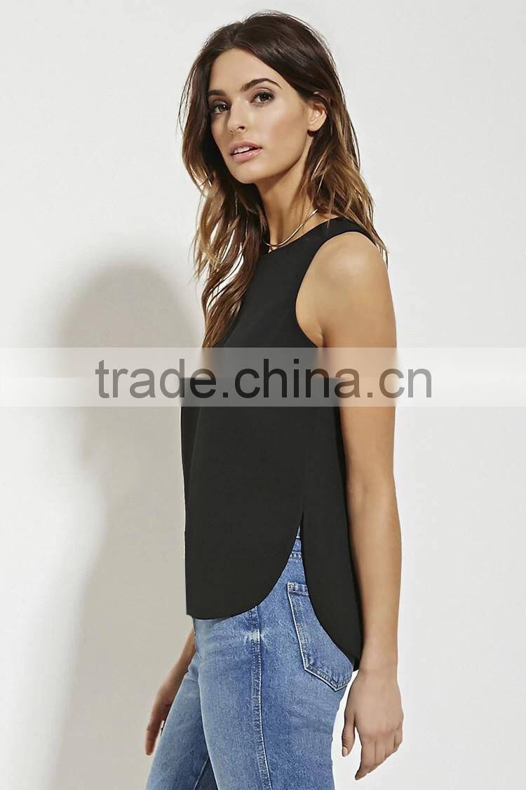 2016 high quality plain dyed cotton fashionable summer sleeveless smart casual blouse