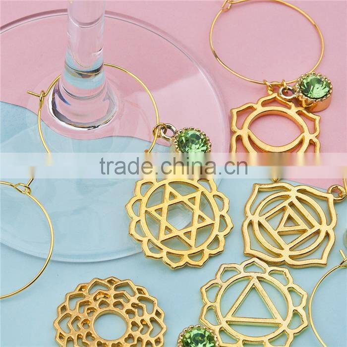Yoga Healing Hoop Earrings Gold Plated Round Flower Green Rhinestone Wine Glass Marker Charms