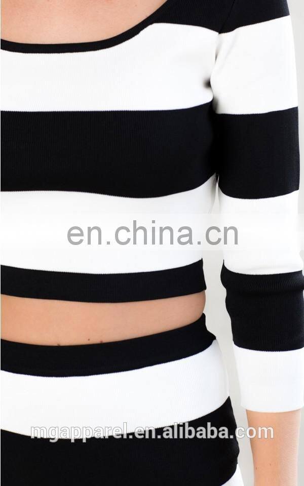 New arrival black stripe long sleeve woman crop top and skirt set