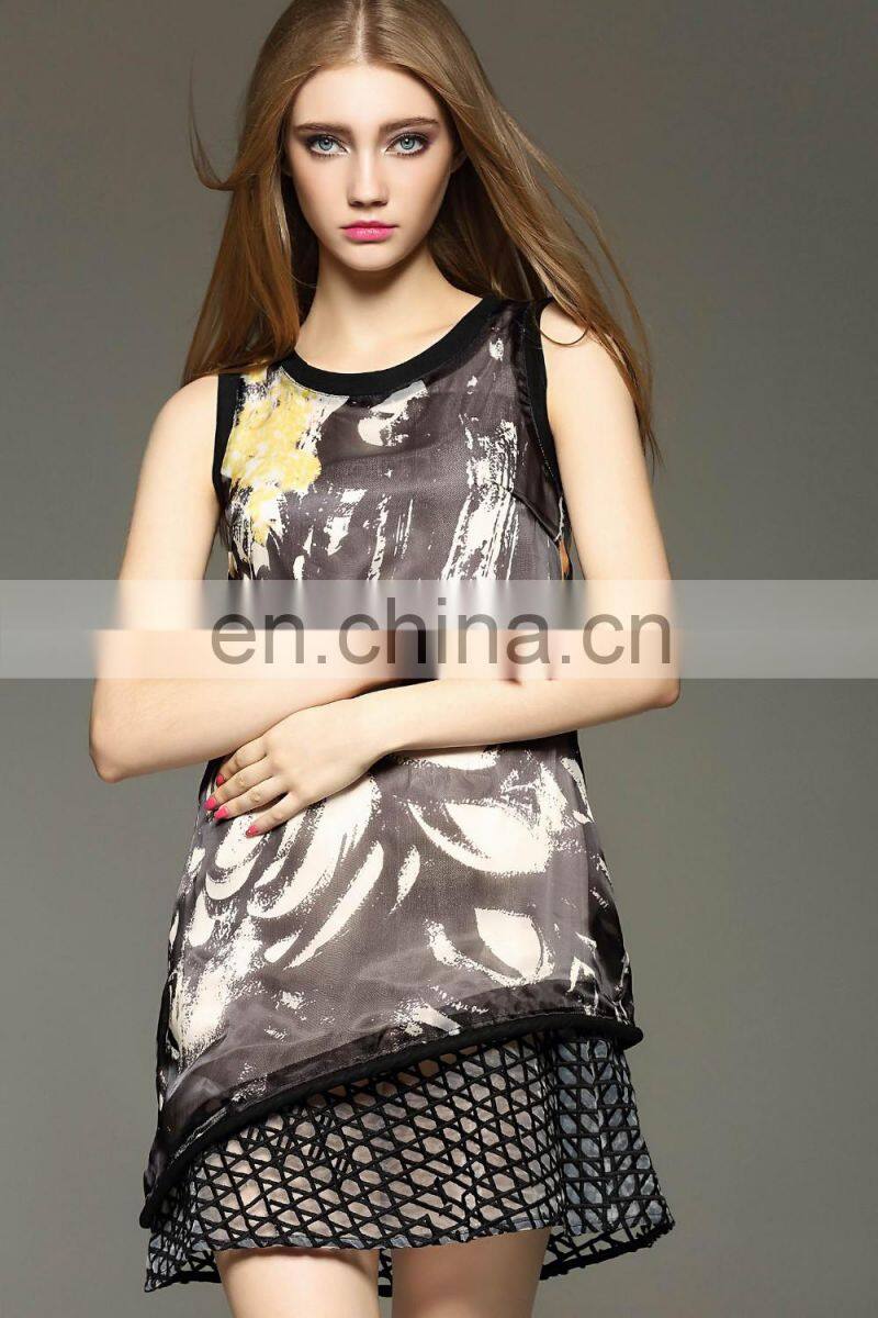 High quality sleeveless print organza dress 2016 mesh panel dress