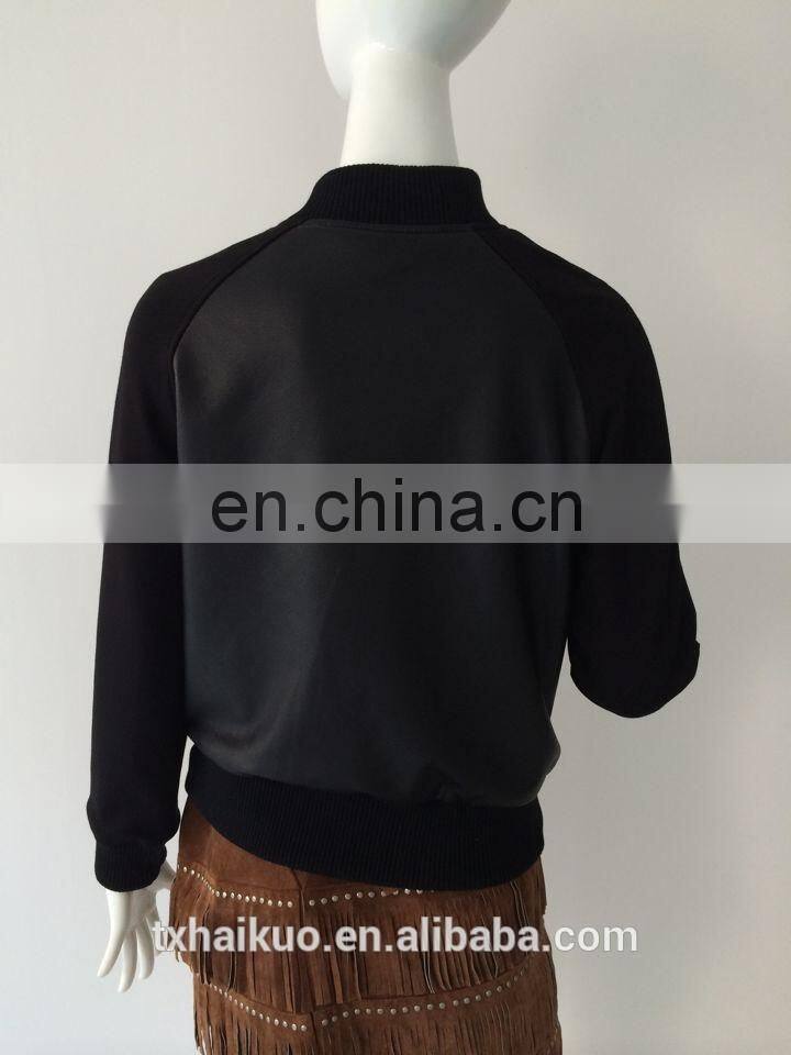 Ladies standing collar baseball leather jacket with punch sleeve