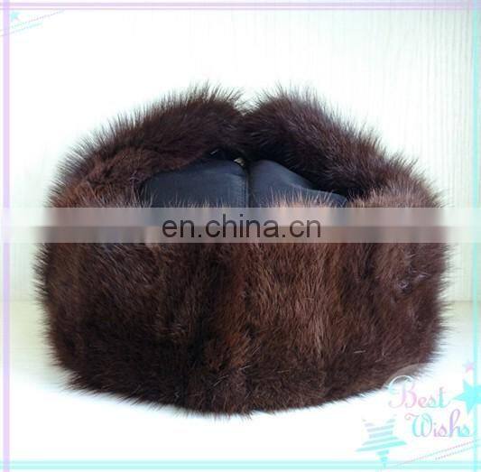 Muskrat fur trapper hat with cloth top for winter wear
