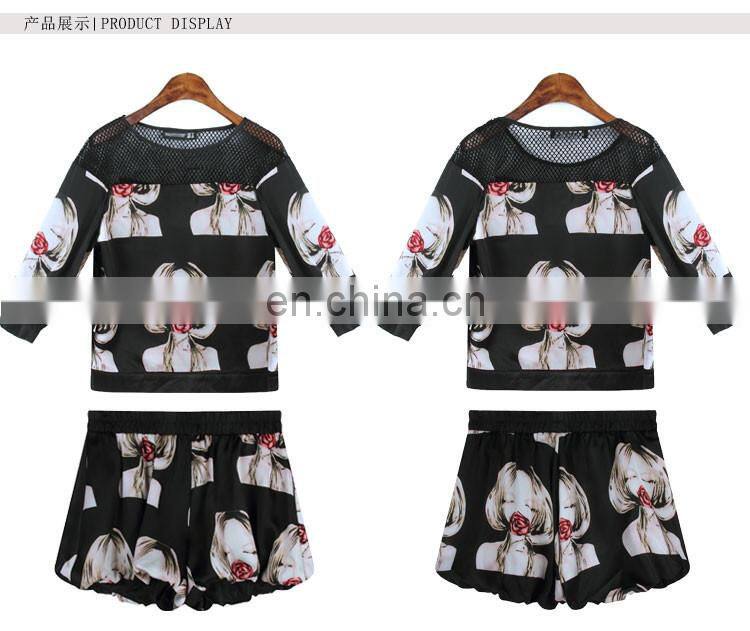2015 summer full print women t shirt and short pants set hot sale wholesale
