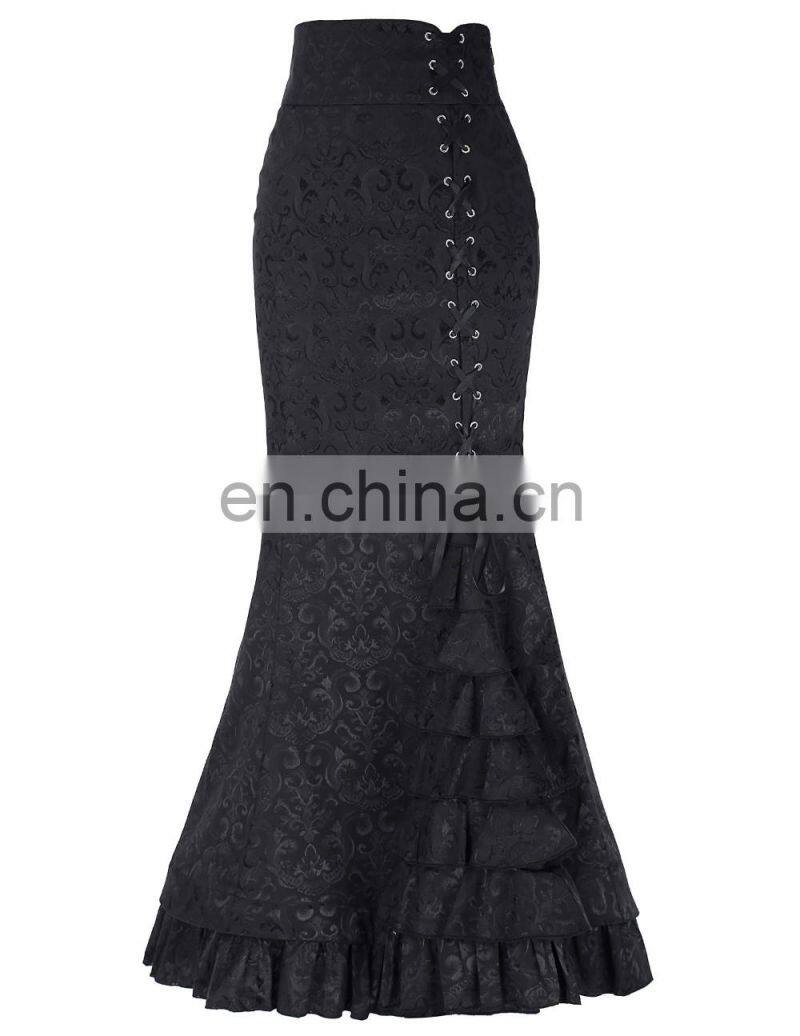 Belle Poque Women Vintage Retro Victorian Style Ruffled Jacquard Fishtail Mermaid Black Long Maxi Skirt BP000204-1