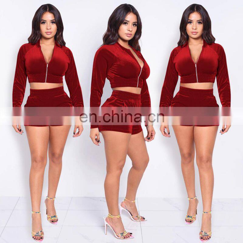Clothing wholesale custom solid color long-sleeved shorts suit sexy casual two-piece plus size women's clothing