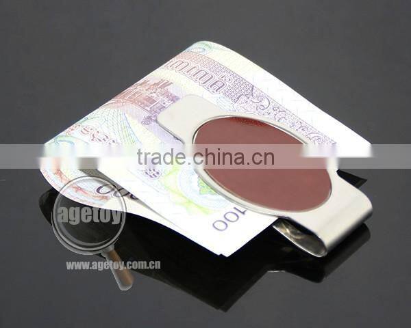 Promotional Oval Shaped Stainless Steel Metal Brown Leather Money Clip