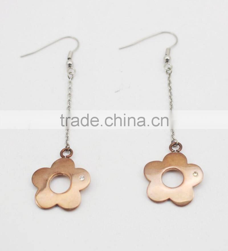 Two Tone Simple Long Stainless Steel Flower Drop Earring